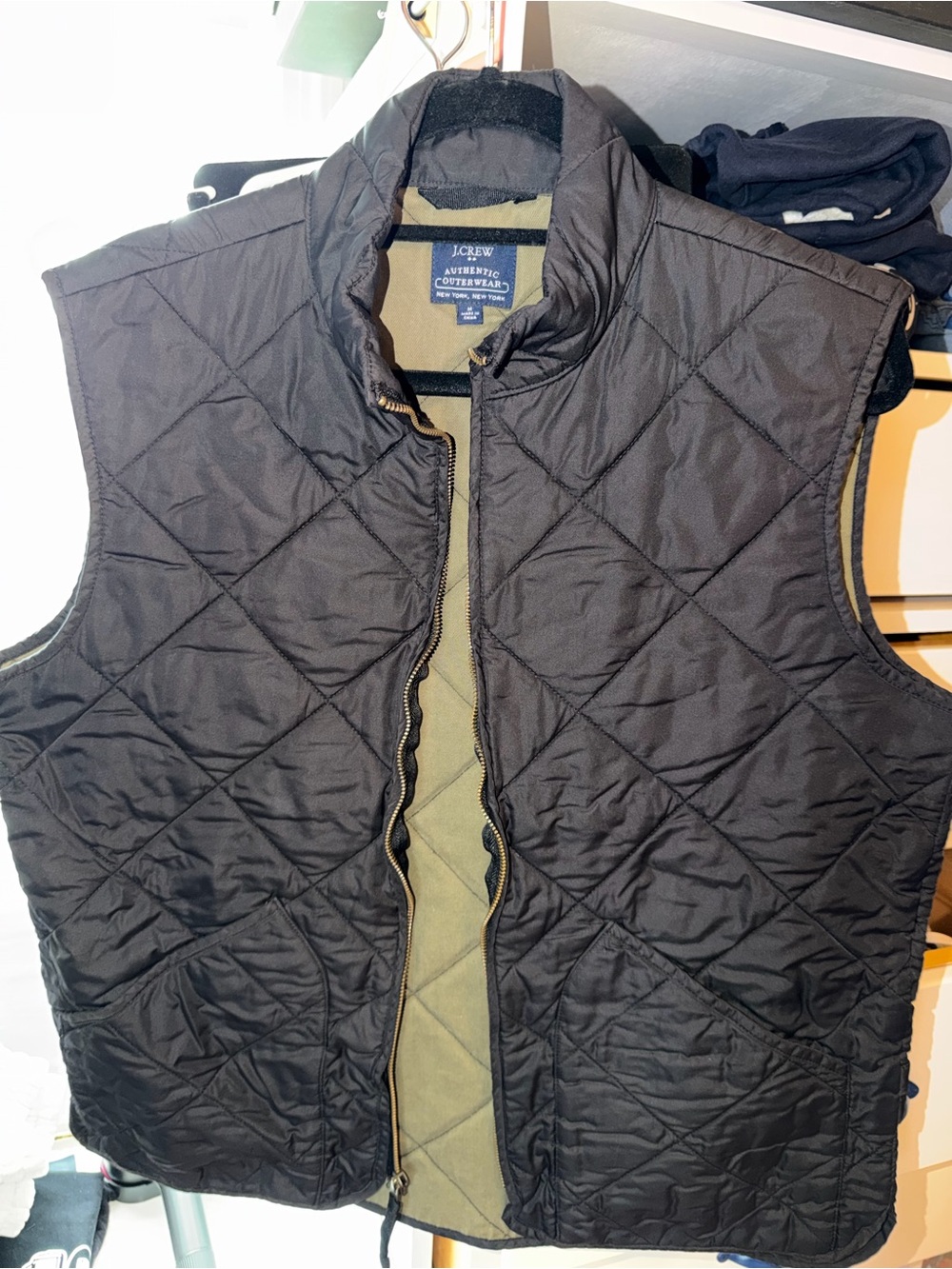 J. Crew Quilted Black Men's Walker Vest with Olive Lining
